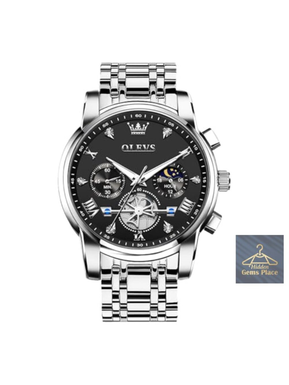 Men's Stainless Steel Chronograph Quartz Watch, Roman Numerals Dress Watch,